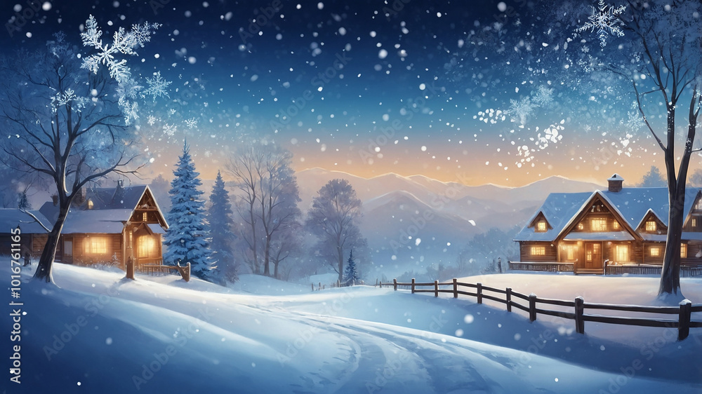 Cozy winter scene with snow-covered house under starry night sky, glowing warm lights, and serene beauty. Cozy winter scene with snow-covered house under starry night sky, glowing warm lights, and serene beauty.