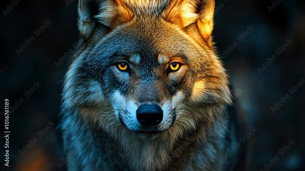 Majestic wild wolf striking a pose under dynamic lighting conditions Majestic wild wolf striking a pose under dynamic lighting conditions