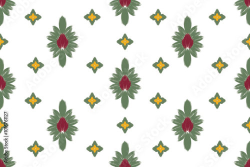 Ikat Green flowers Abstract Ethnic Art, Seamless Pattern in Tribal, Folk Embroidery, and Mexican Style, Aztec Geometric Ornament Print, Design for Carpet, Wallpaper, Wrapping, Fabric, Clothing	