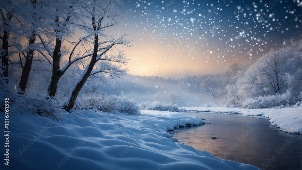 Snow-covered riverbank and trees beneath a serene winter sunset with gentle falling snowflakes.