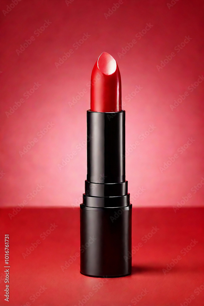 Red lipstick on a red background with copy space, close-up