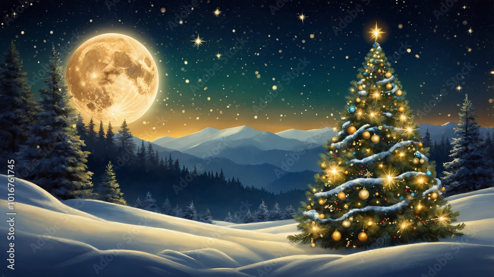 Illuminated Christmas tree with golden lights on snowy landscape under starry night sky, winter wonderland. Illuminated Christmas tree with golden lights on snowy landscape under starry night sky, winter wonderland.