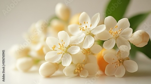 A delicate cluster of white flowers with yellow centers and buds on a white background.