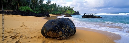  A sizable rock perches atop a sandy shore, bordering the restless ocean Waves ebb and flow around it