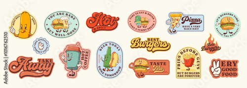 Groovy Burger Retro Character Stickers Set. Cartoon Hamburger, Pizza, Coffee, Hot Dog and Beer Smiling. Vector Street Food Mascot Templates Patches Collection. Vintage Fast Food Illustrations Isolated