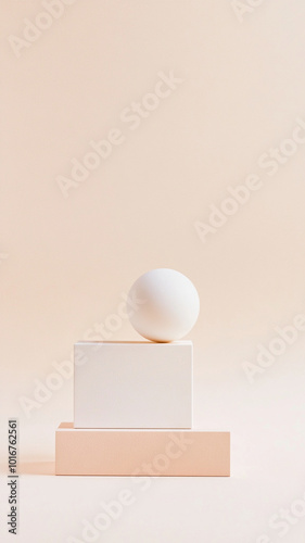 Minimal geometric shapes create serene composition on pastel background, featuring white cube and sphere, evoking sense of calm and simplicity. Vertical 4K smartphone wallpaper