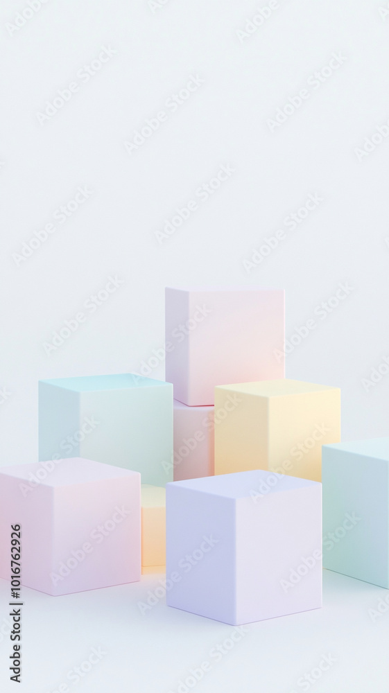 Obraz premium Soft pastel colored 3D blocks arranged on white background create serene and modern aesthetic, perfect for various design projects. Vertical 4K smartphone wallpaper