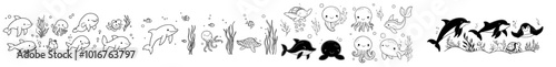 Doodle illustration of sea animals. Cartoon sea animals.