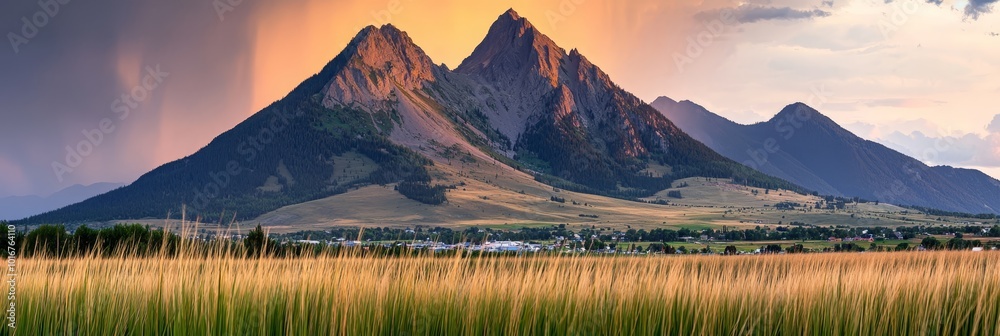 Fototapeta premium A mountain range view with grass in the foreground and a town in the distance