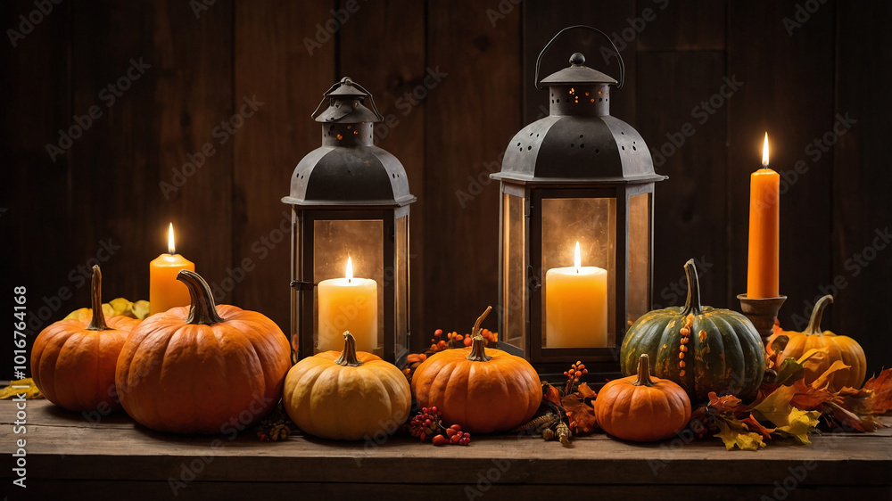 Obraz premium Arrangement of pumpkins and candles creates a cozy autumn display with warm lighting and seasonal decor.