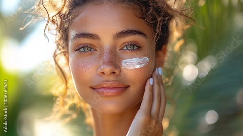 A young woman applying sunscreen to her face to protect against hyperpigmentation of a sunny outdoor environment