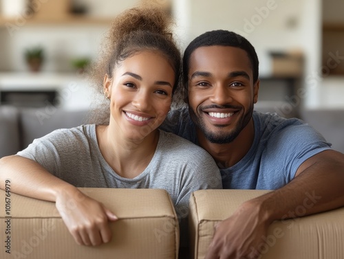 Multiracial couple helping while lifting sofa in living room at new home