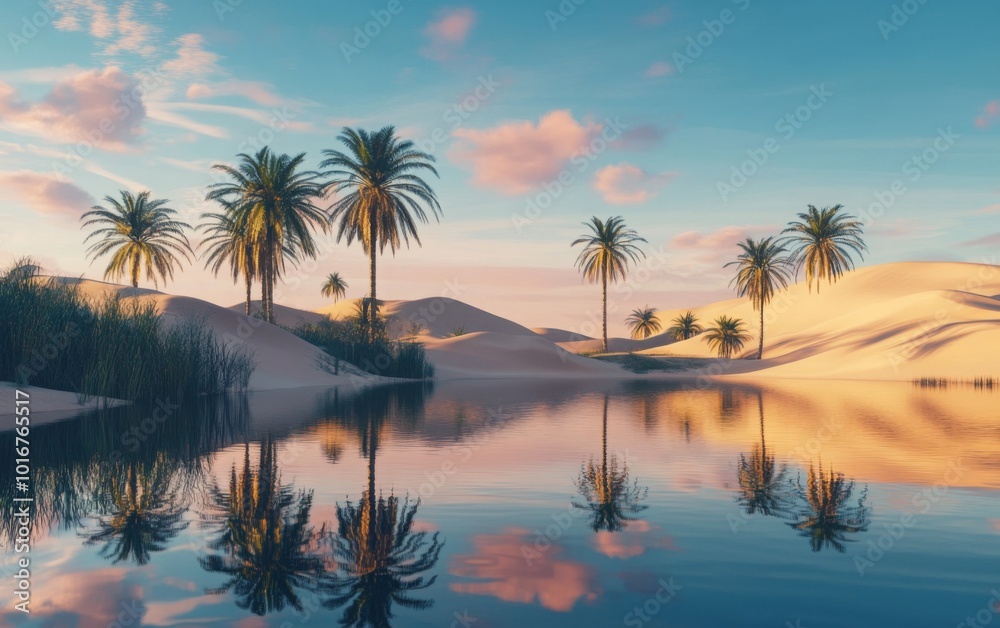 An oasis surrounded by sand dunes, palm trees reflecting on water, twilight