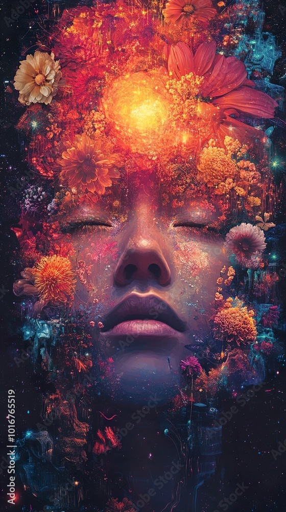 Surreal Face with Flowers and Cosmic Elements Surreal Face with Flowers and Cosmic Elements