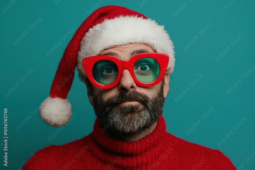 Man in Santa hat and oversized red glasses wearing a red sweater, looking playful against a teal background Man in Santa hat and oversized red glasses wearing a red sweater, looking playful against a teal background