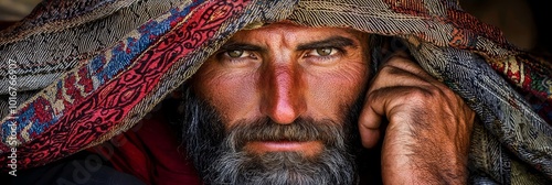  A man, bearded and cloaked in a blanket, holds a cell phone to his ear in a tight close-up
