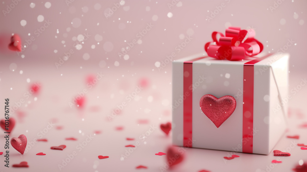 White gift box with red ribbon and heart shape confetti