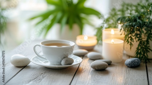 Wallpaper Mural An arrangement of soothing herbal tea, candles, and meditation stones on a natural wooden table Torontodigital.ca