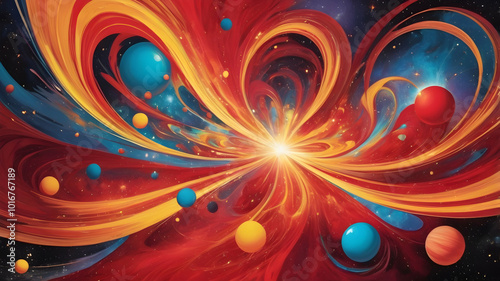 A mesmerizing cosmic vision blending ideas and energy in fluid, abstract forms. Shades of electric colors that flow seamlessly with stars, nebulas, and radiant energy,