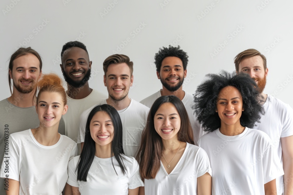 Group of diverse young people looking at camera and smiling while standing against white background Group of diverse young people looking at camera and smiling while standing against white background