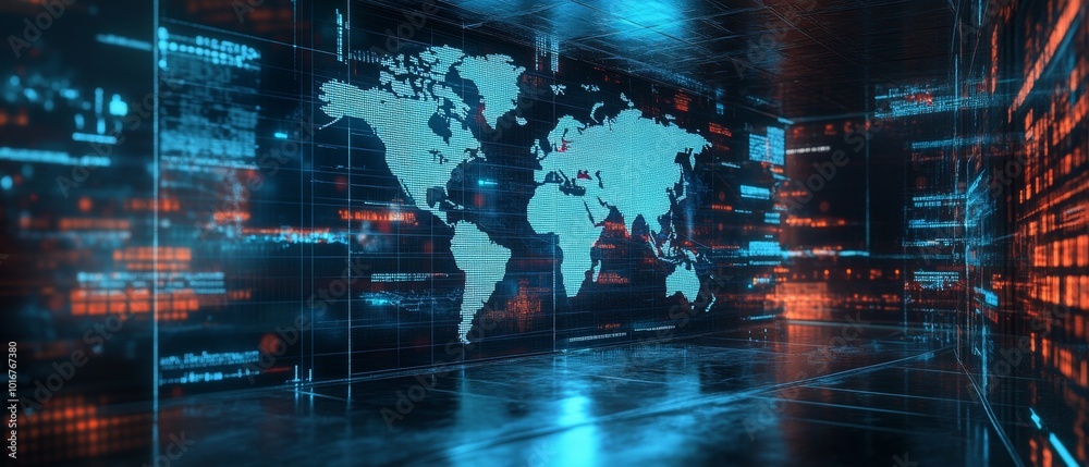 Double exposure of abstract digital world map hologram on empty room interior background, big data and blockchain concept Double exposure of abstract digital world map hologram on empty room interior background, big data and blockchain concept