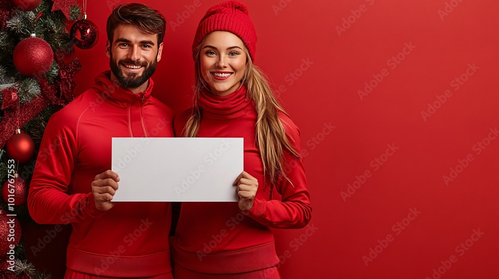 Isolated on Red color background with side space for letters male and female athletes holding a blank white paper sign in matching workout gear surrounded by subtle holiday decorations Stock Photo Isolated on Red color background with side space for letters male and female athletes holding a blank white paper sign in matching workout gear surrounded by subtle holiday decorations Stock Photo
