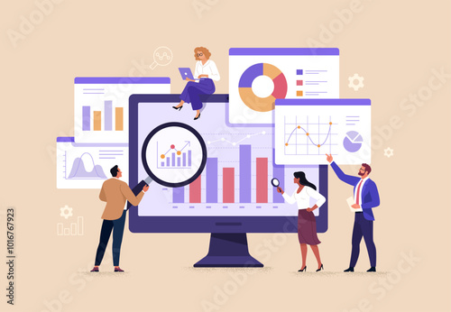 Business Data Concept. Vector illustration in flat style of a large monitor with tabs displaying graphs, chats, and groups of people studying them. Isolated on background