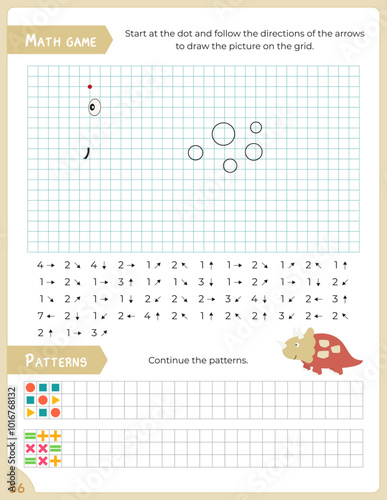 Cute dinosaur Activity Pages for Kids. Printable Activity Sheet with dinosaurs Mini Games – graphic dictation, continue pattern. Vector illustration.