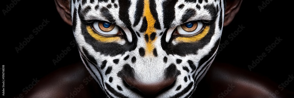 A tight shot of a face, painted with tiger markings for a striking resemblance A tight shot of a face, painted with tiger markings for a striking resemblance