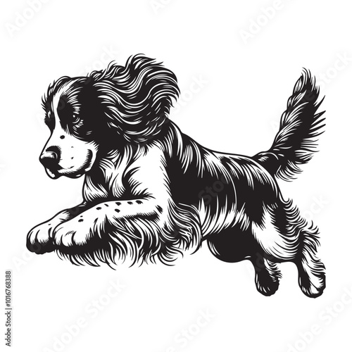 English Spaniel Jumping pose silhouette vector on white background, Cocker spaniel running in three different styles isolated on white background. Side view of english cocker spaniel dog. Cute 