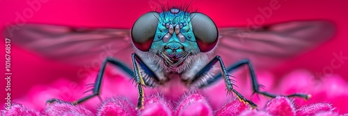  A close-up of a blue fly on a pink flower against a pink background photo