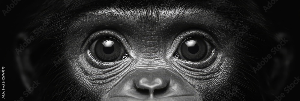  A monkey's face in black and white, gaze fixed on the camera through its expressive eyes