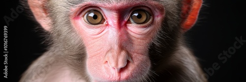 A tight shot of a monkey's face wearing a red hat against a black backdrop