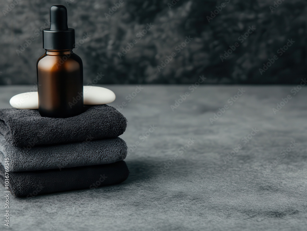 Relaxing oil massage setup with towels and essential oil bottle. Relaxing oil massage setup with towels and essential oil bottle.