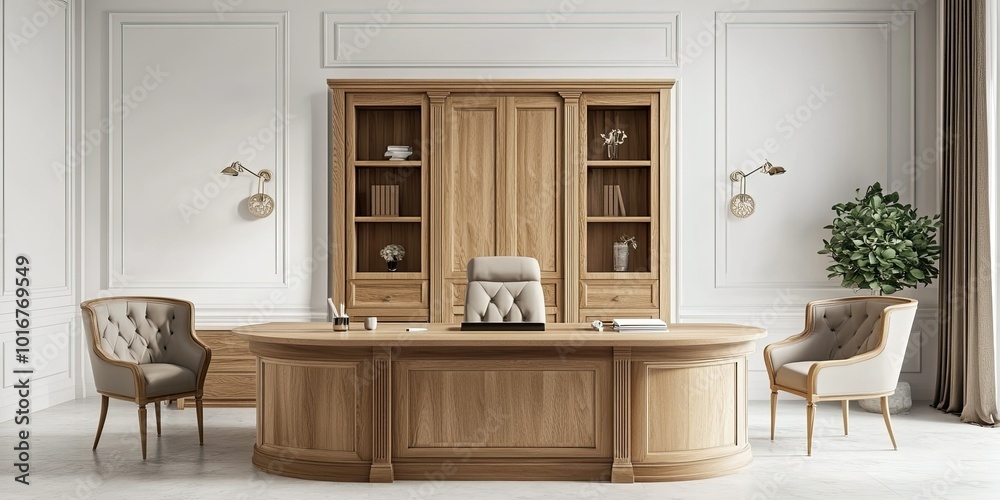 traditional oak set furniture oak wooden desk and chairs with elegant classic curved carving in white room with wooden wall panels 