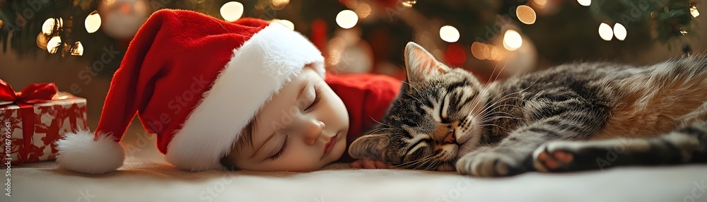 Cozy Christmas Scene with Baby in Santa Hat Cuddling Sleeping Cat Under Twinkling Tree Cozy Christmas Scene with Baby in Santa Hat Cuddling Sleeping Cat Under Twinkling Tree