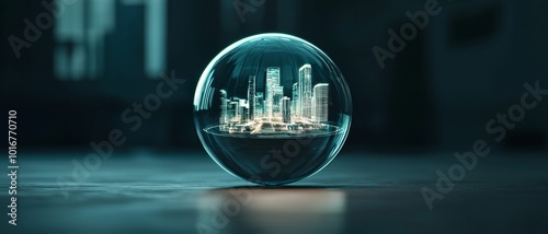 A miniature city captured within a glass sphere, showcasing intricate urban details and reflections.