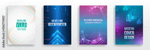 Futuristic background for flyer, brochure. Scientific cover template for presentation, banner. Page layout set for sci-fi. Set of high-tech covers for marketing. Modern technology design for posters.