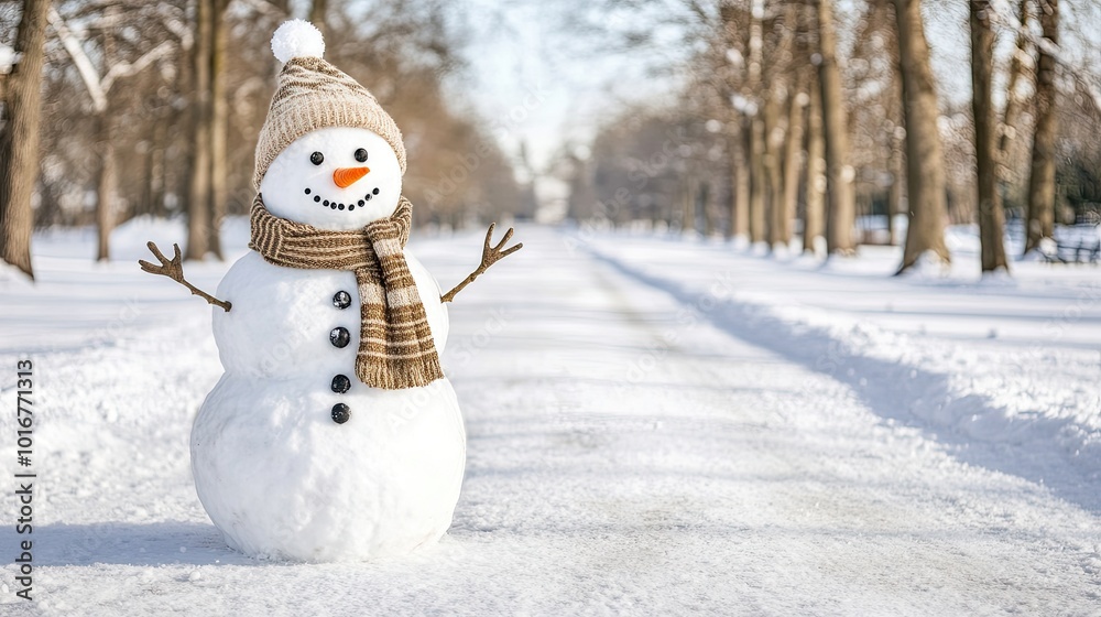 A cheerful snowman with a hat and scarf stands in a sunlit park, creating a joyful winter atmosphere amid soft snow and a peaceful white backdrop