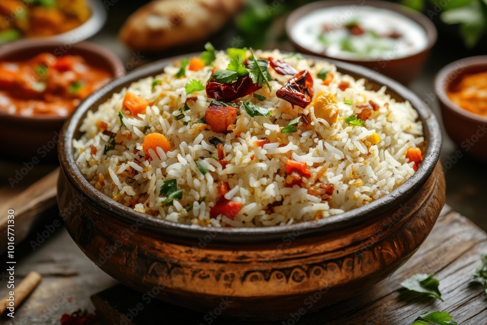 indian cuisine, fragrant basmati rice in clay pot, spicy curries, and cool raita create a culinary masterpiece for a satisfying meal indian cuisine, fragrant basmati rice in clay pot, spicy curries, and cool raita create a culinary masterpiece for a satisfying meal