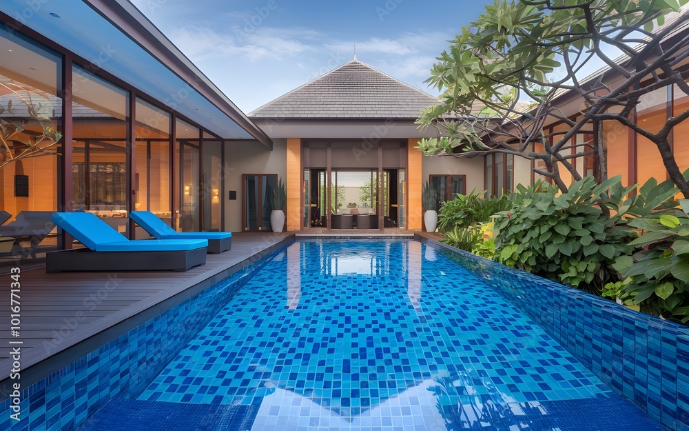 Obraz premium Luxury Outdoor Living with Tile Pool in Modern Australian Home Backyard