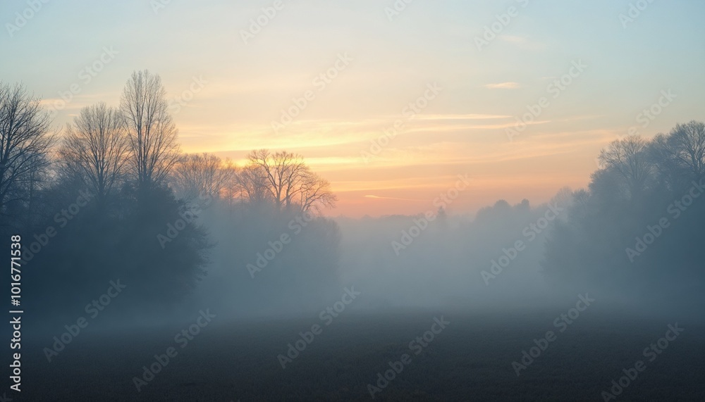Misty sunrise over a field with a hazy backdrop of trees Misty sunrise over a field with a hazy backdrop of trees