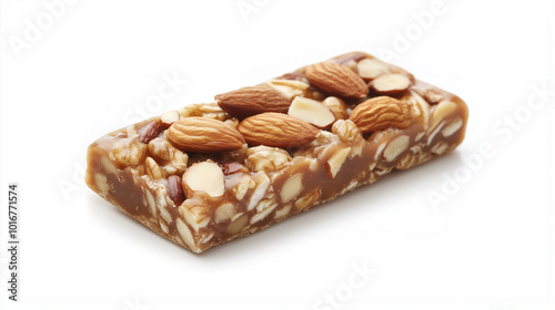 Homemade almond granola bar on white background