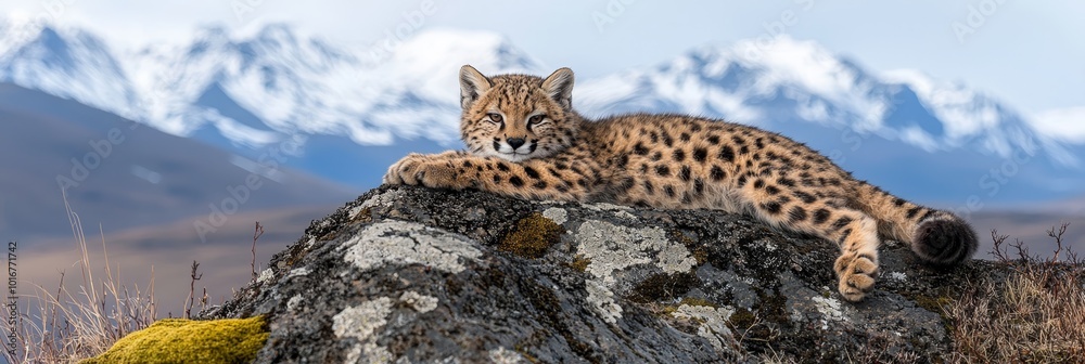 A cheetah atop a rock, before snow-capped mountains' range A cheetah atop a rock, before snow-capped mountains' range