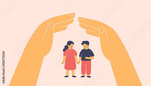 Human hands created secure environment for children via home roof gesture. Childproofing, supervision, and teaching safety rules. Adoption and Adults taking care about kids. Vector illustration