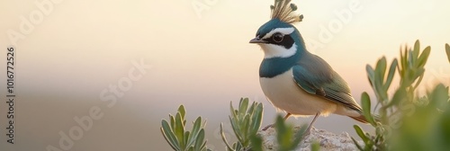  A small blue-and-white bird perches on a tree branch next to a tiny green plant photo