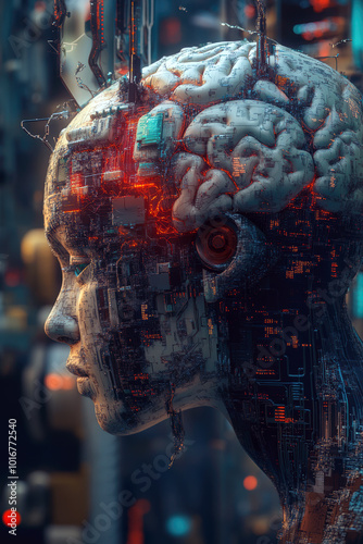Abstract AI head with visible brain and circuit patterns photo