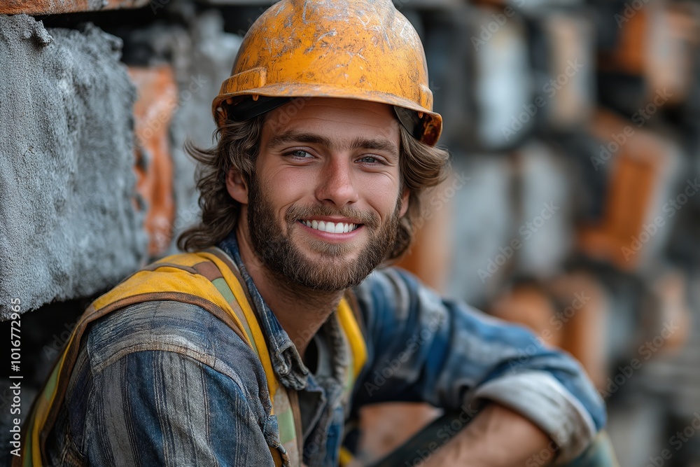 Man in an orange vest and a hard hat is smiling. Smiling construction worker, happy bricklayer, cheerful builder, wearing safety vest and helmet, outdoor work site, sunny day construction concept Man in an orange vest and a hard hat is smiling. Smiling construction worker, happy bricklayer, cheerful builder, wearing safety vest and helmet, outdoor work site, sunny day construction concept