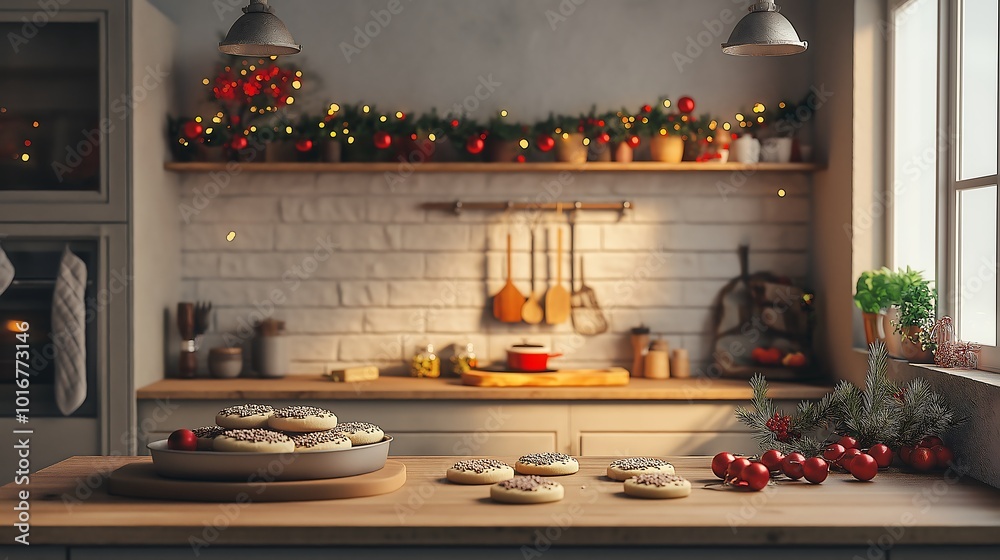 Kitchen with Christmas cookies and festive decorations, holiday baking scene. Kitchen with Christmas cookies and festive decorations, holiday baking scene.