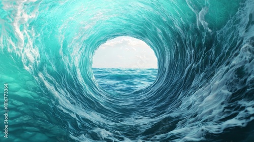 Vivid ocean wave tunnel with clear view of horizon, creating a refreshing and calming atmosphere. photo